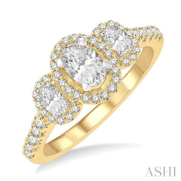 1 Ctw Past, Present & Future Round Cut Diamond Engagement Ring With 3/8 Ct Oval Cut Center Stone in 14K Yellow and White Gold